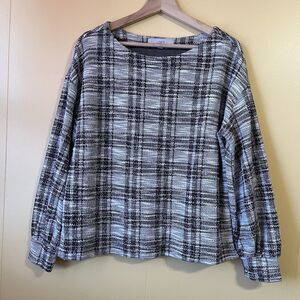 Loft Gray Plaid Boatneck Balloon Sleeve Pullover Blouse Medium Pre-owned